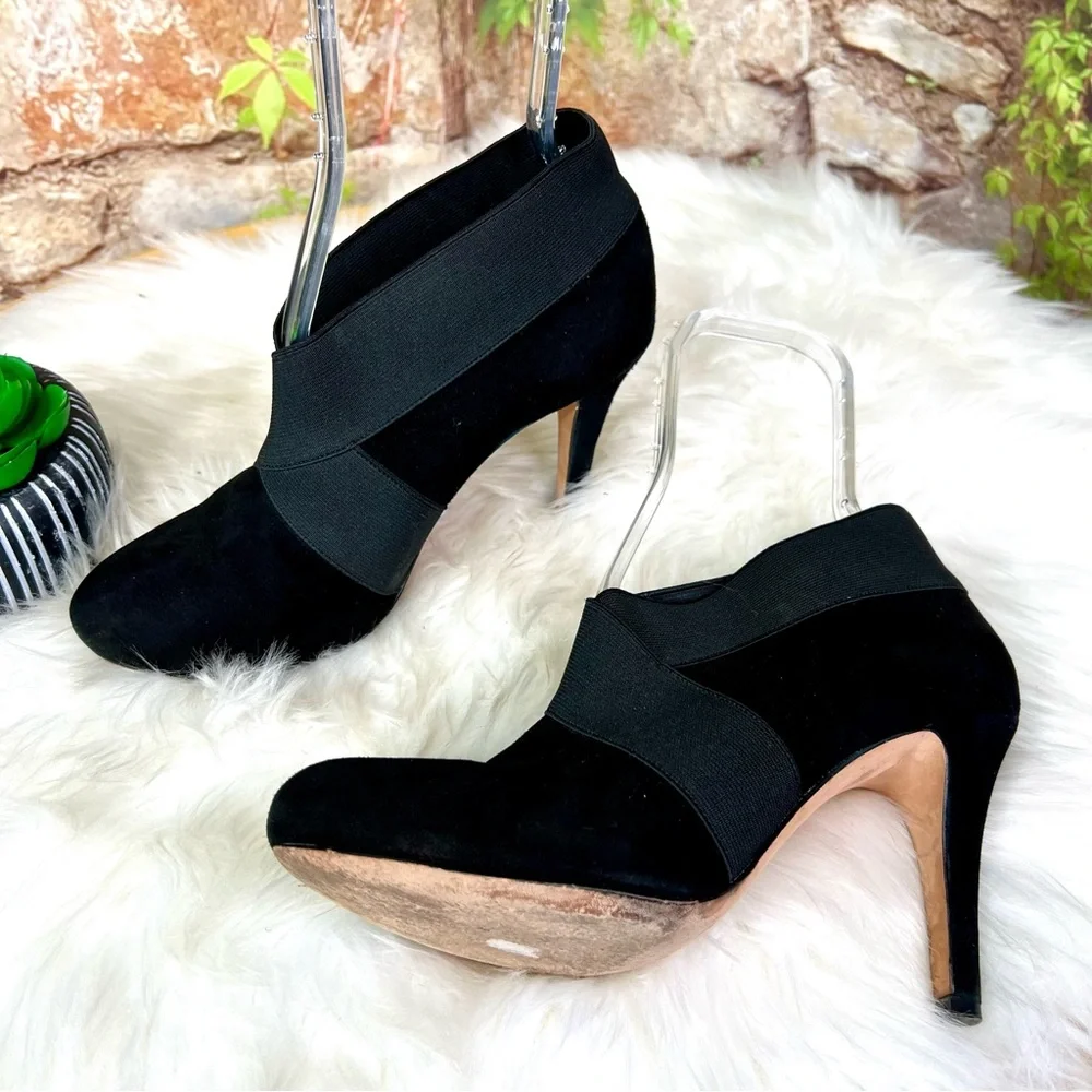 SAKS FIFTH AVE Quiet Luxury Black Suede Ankle Boots with Stretch Topline, 8